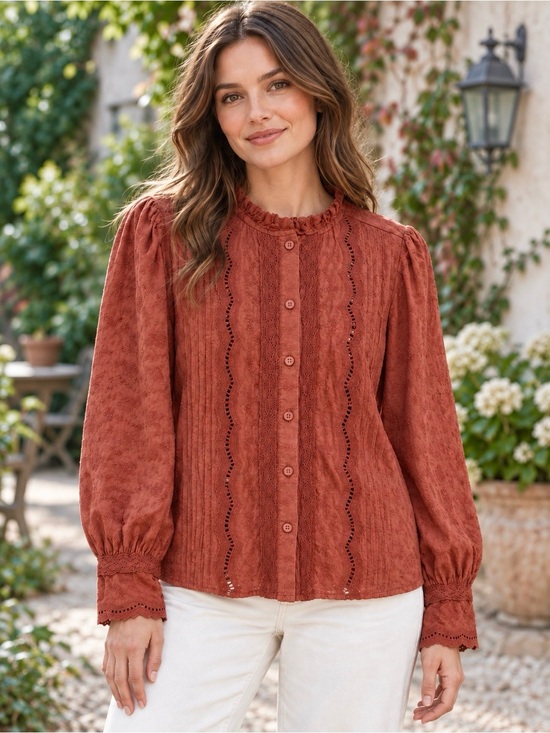 Calypso St. Barth Tops - Calypso St. Barth Rust Button-Front Lace Classy Blouse
